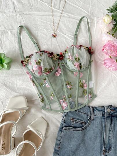 Soleia Brasier tipo bralette verde con diseño de raspa de pescado, bordado floral y malla, para vacaciones