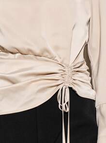 AiiRZ Luxury Asymmetric One Sleeve Ruched Satin Blouse With Statement Flared Bell Sleeve Elegant Evening Party Top Wedding Guest Formal Wear - Apricot - View 4