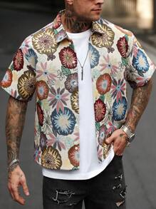 Manfinity Homme Men's Casual Daily Wear, Perfect For Seaside Vacations, Featuring An INS-Style Loose Casual Shirt With A Creative Colorful Floral Graffiti Illustration And Asymmetrical Color-Blocking Design. This Shirt Has A Button-Up Front And Is Suited For Hawaiian Beach Getaways, Music Festivals, And Everyday Wear, Making It An Ideal Gift For Boyfriends Or Husbands