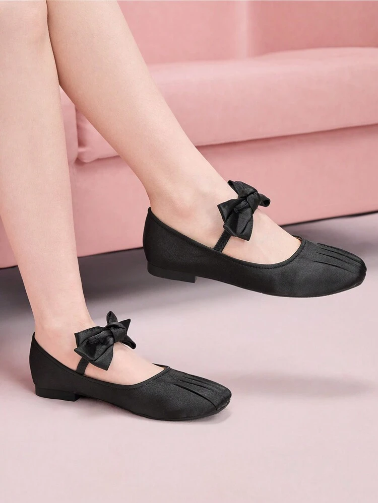 CUCCOO DOLLMOD 2025 New Black Satin Pointy Toe Ballerina Flats With Bow For Women, Summer Spring Shoes