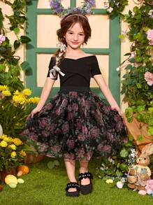 Young Girls 2pcs Knitted Solid Color Off Shoulder Top And Woven Ditsy Floral Skirt Set, Young Girl