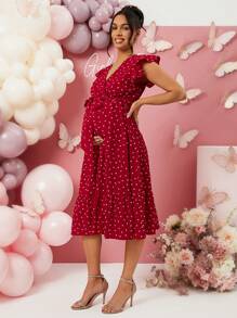 Loomaby Maternity V-Neck Tie Belt Pleated Casual Dress, Suitable For Vacation, For Baby Shower Party,, Valentine's Day,Gender Reveal Dress