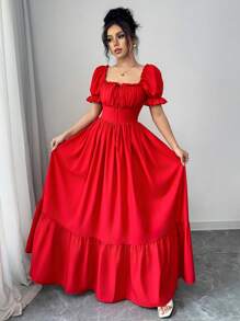 Rafferiza Women's Square Neck Puff Sleeve Bowknot Front Open Back High Waist Dress - Red - View 7