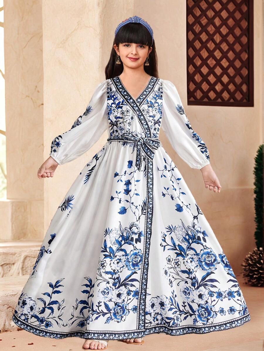 SHEIN Tween Girl Blue Floral Print Crossed V-Neck Tie Waist Flare Sleeve Elegant Midi Dress, Chinoiserie Floral Print, Countryside Vibe, Casual Vacation, Travel, Bohemian - Blue and White - View 1