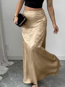 Rafferiza 女式简约高腰修身锡箔印花美人鱼下摆长裙 - 卡其色 - 查看 3