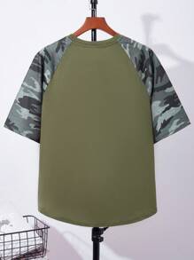 SHEIN Teen Boys' Casual Patchwork Camo Raglan Sleeve T-Shirt, Sports Streetwear Punk Rockaway Collegiate Daily Outdoor Party Music Festival Tee, Suitable For Spring & Summer, Military Green
