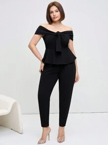 SHEIN Clasi Plus Size 2 Pieces Set, Solid Color Short Sleeve Top And Pants, Minimalist Fashion Casual Everyday Wear