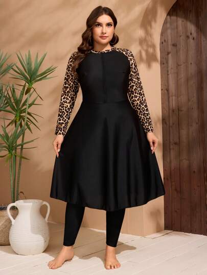 Swim Mulvari 大码豹纹拉链拼布长袖上衣和裤子布基尼泳衣套装，适合夏季海滩度假阿拉伯服装