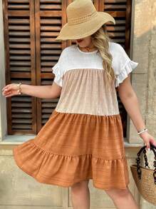 SHEIN VCAY Plus Size Casual Holiday Island Daily Round Neck Colorblock Textured Fabric Short Sleeve A-Line Loose Tunic Mini Dress, Western Wear, Festival, Boho, Hippie, Cowgirl, Bohemian, Summer Outfits For Women, Beach, Summer Clothes For Women, St. Patrick's Day Outfit, Spring Outfits For Women