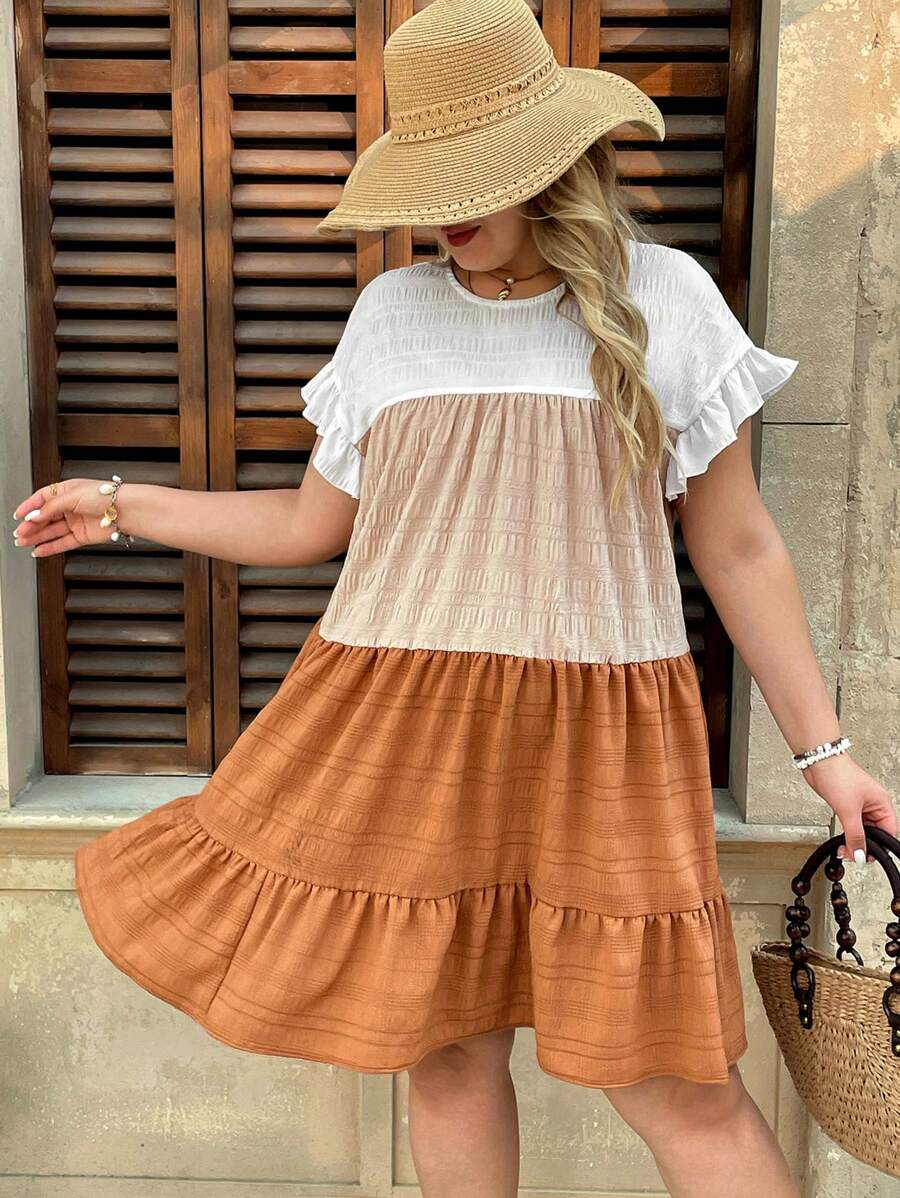 SHEIN VCAY Plus Size Casual Holiday Island Daily Round Neck Colorblock Textured Fabric Short Sleeve A-Line Loose Tunic Mini Dress, Western Wear, Festival, Boho, Hippie, Cowgirl, Bohemian, Summer Outfits For Women, Beach, Summer Clothes For Women, St. Patrick's Day Outfit, Spring Outfits For Women