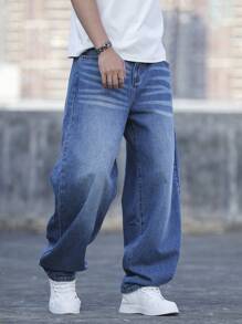 Claim Dot Men's Simple Loose Fit Denim Jeans With Pockets, Casual Everyday Wear - Medium Wash - View 3