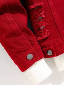 Manfinity Roughcore Men's Casual Long Sleeve Distressed Single Breasted Denim Jacket - Red - View 7