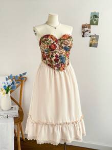 Soleia Plus Size Damska Elastyczna Talia Koronkowa Patchworkowa Spódnica A-Line, Styl Wakacyjny Na Wsi