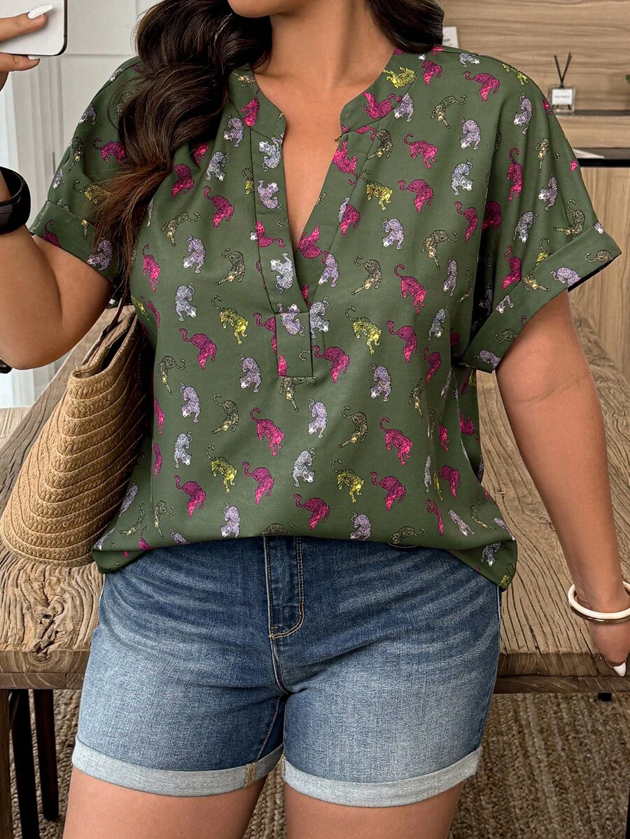 SHEIN LUNE Plus Size Summer Digital Floral Print Casual Blouse - Multicolor - View 1