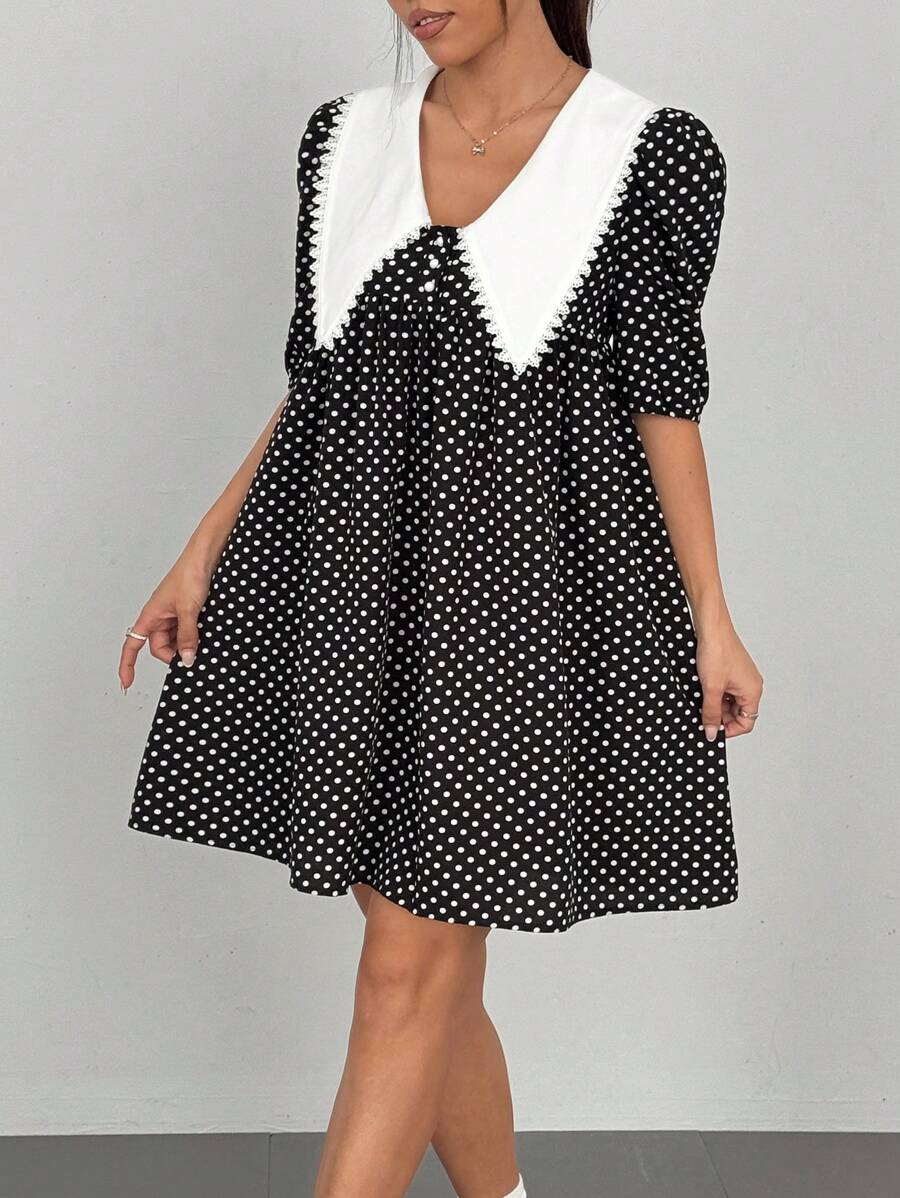 Chiquease Women's Peter Pan Collar Patchwork Lace Polka Dot Print Mini Dress