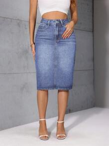 SHEIN LUNE 女士休闲牛仔裙，简约时尚的日常穿搭 - 淺色水洗藍 - 查看 3