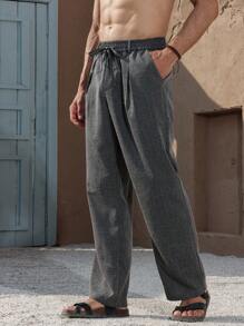 Manfinity Nomadique Pantalones casuales rectos con pernera recta, cintura con corbata y bolsillos para hombre