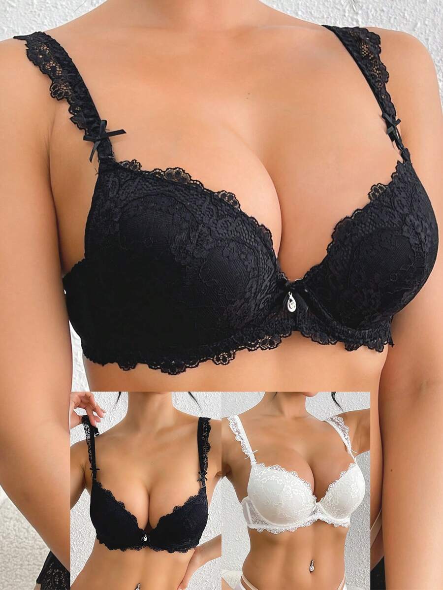 2 peças/conjunto feminino renda floral confortável copo grosso push up sutiã com aro lingerie conjunto - Preto e Branco - Ver 1