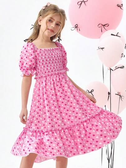 SHEIN Explorewe Tween Girls Puff Sleeve Drawstring Waist Comfortable Casual Dress