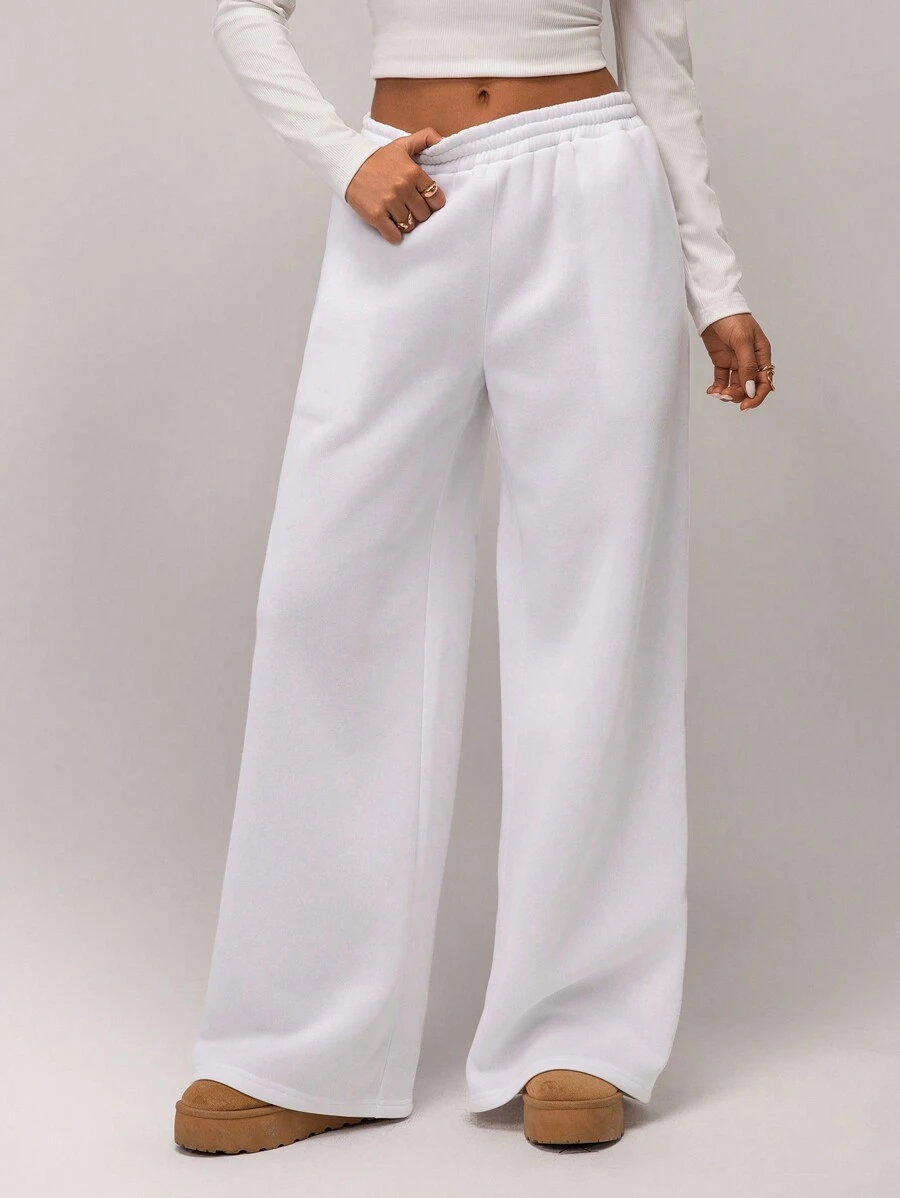 Forever 21 Autumn/Winter New Casual Thick Thermal Lined Loose High Waist Elastic Waistband Wide Leg Sweatpants - White - View 1