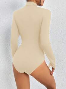 INAWLY Women's Solid Color Stand Collar Long Sleeve Slim Fitted Bodysuit, Casual For Everyday Wear Fall Cloth For Women - Apricot - View 2