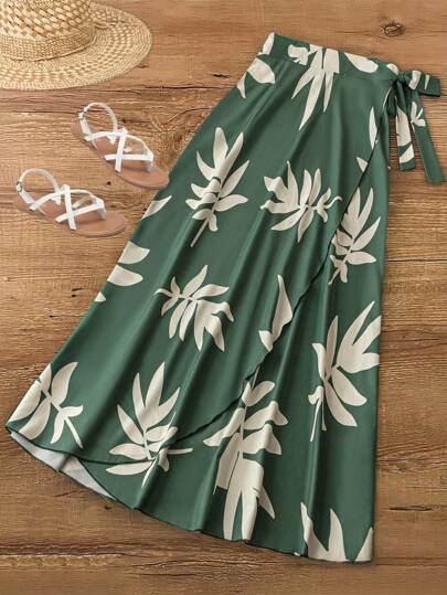 Breezaya Two-Tone Printed Wrap Tie Waist Vacation Skirt