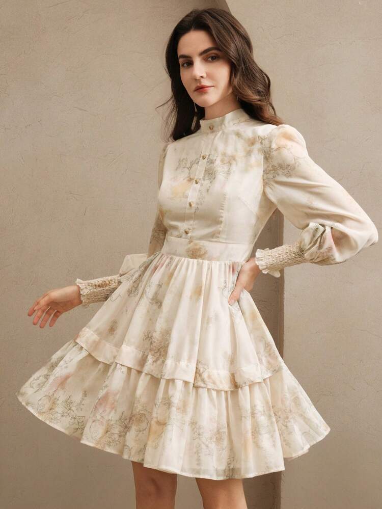 Ditsy Floral Long Sleeve Slim Fit Dress, Romantic Stylish Midi Dress, Spring Outfit For Women