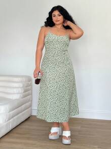 Solflare 加大码女士海滩度假装，白色碎花绿色吊带连衣裙，春夏装 - 彩色 - 查看 5