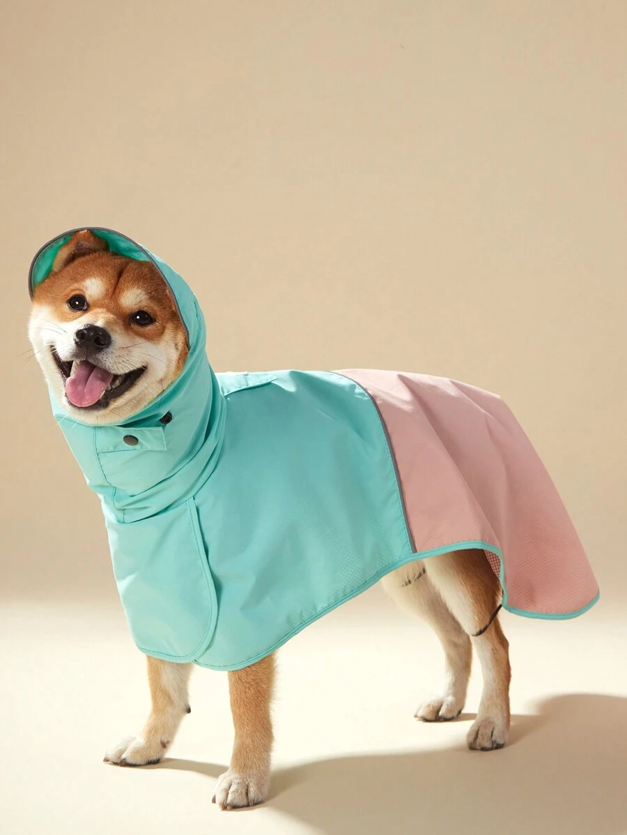 PETSIN 1 buah Jas Hujan Hewan Peliharaan, Blok Warna Hijau Mint & Merah Muda, Berkerudung, Kerah Tinggi, Pinggiran Reflektif, Tahan Angin, Gesper yang Dapat Diatur, Tahan Air, Cocok Untuk Anjing - MultiWarna - View 1