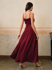 Anewsta Elegant Wine Red Woven Pleated Slip Dress For Women, Summer, Valentine's Day