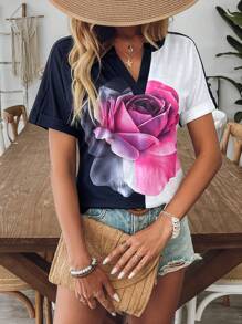 SHEIN LUNE Camiseta elegante ajustada con diseño floral jacquard de cuello en V, moda minimalista casual para uso diario - Multicolor - Ver 4