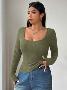 SHEIN EZwear Plus Size Women's School Casual Basic Crew Neck Long Sleeve Knit T-Shirt, Elastic And Soft Fabric Suitable For Everyday Wear, Yoga, Indoor And Outdoor, Military Green