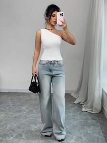 SHEIN Unity New Oblique Strap Camisole Top, Sexy Side Cut Out Sleeveless Short Knit Crop Top, Spring/Summer - White - View 6