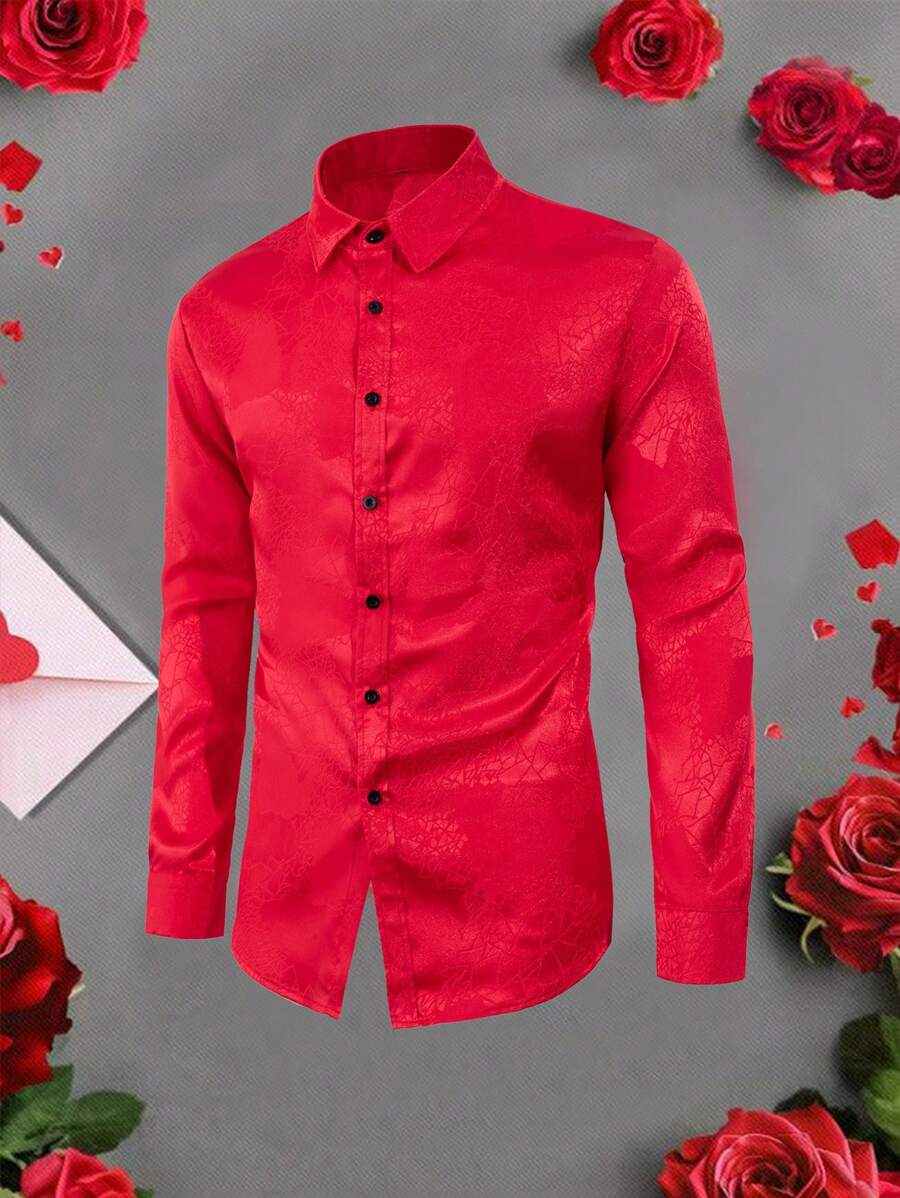 Manfinity Mode Men's Solid Color Front Button Long Sleeve Casual Top For Everyday Wear - Red - View 1