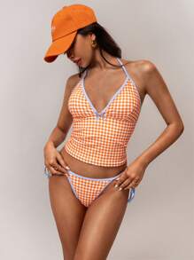 Forever 21 Bộ bikini cổ yếm kẻ caro trang trí nơ cho nữ, kỳ nghỉ hè ở bãi biển - Nhiều màu - Xem 4