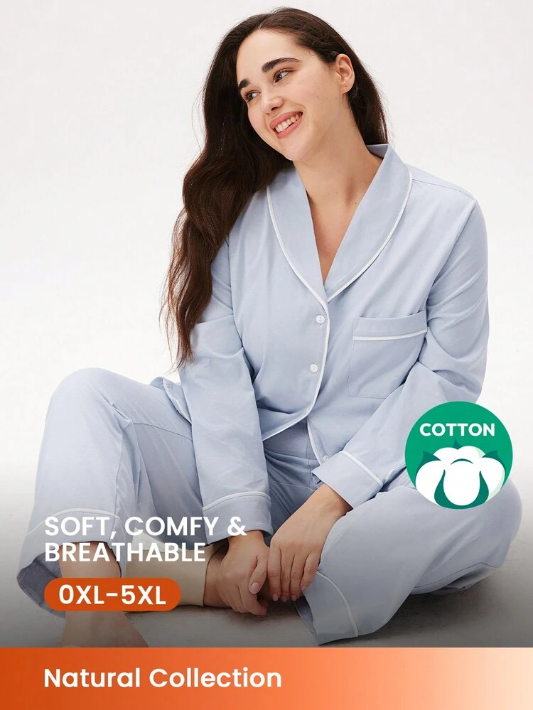 Plus Cotton Button-Up Top & Pants PJ Set