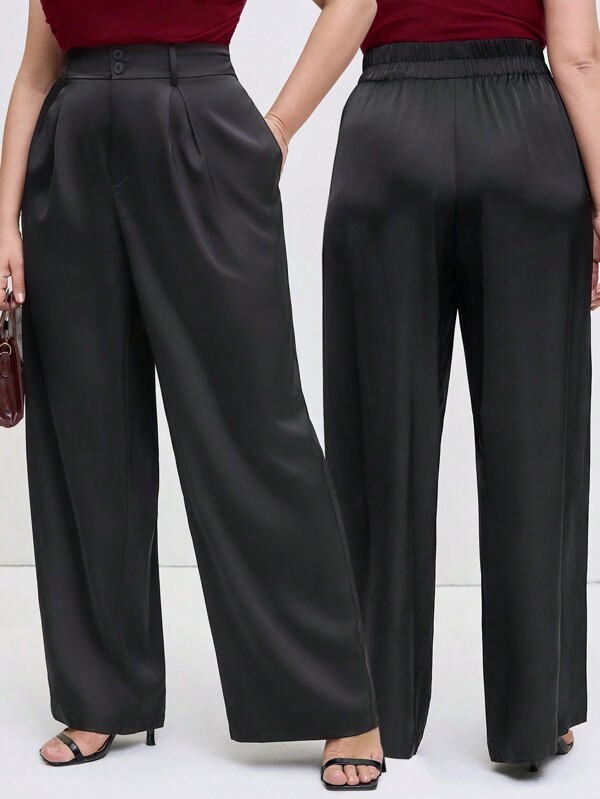 Chikora Plus Size Women's Black Pants With Pockets, Elegant For Workplace, Commute And Everyday Wear