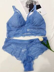 Wedding Eyelash Lace Plus Size Wireless Underwear Lingerie 2 Pieces Set