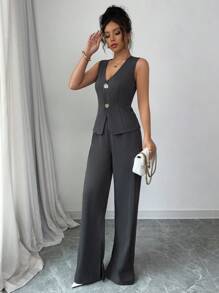 Elenzga 2 Pieces V-Neck Vest And Wide Leg Pants Set, Elegant And Stylish For Women - Grey - View 5