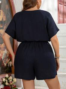 SHEIN LUNE Plus Size Women Summer Solid Color Tie Waist Short Sleeve Jumpsuit, Vacation Style, Chinese Style, Suitable For Loungewear Or Outerwear, Cooling Dress, Stress Relief Outfit, Elegant Fashion Long Gown