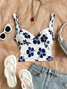 Soleia 波西米亚风、浪漫花卉、度假风、花卉图案七月四日主题上衣、度假上衣、串珠上衣、派对上衣、背心、七月四日主题性感露脐女式上衣、女士度假风针织弹力白色底蓝色花卉图案背心、夏季服装、外套、女士夏季套装 - 彩色 - 查看 3