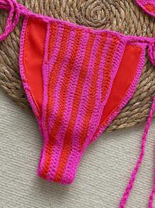 Soleia 2pcs Women Summer Beach Vacation Contrast Color Halter Tied Bikini Set,Valentine's Day,Valentines Clothes,Summer Beach Vacation Outfits Woman - Multicolor - View 5