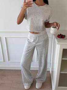 SHEIN EZwear Bộ đồ mặc nhà dệt kim màu xám dành cho nữ, áo và quần đơn giản thời trang thường ngày - Xám - Xem 4