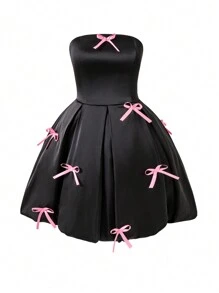 SHEIN Teens (Girls) Simple Elegant Dress With Bowknot Decor Bandeau Neckline