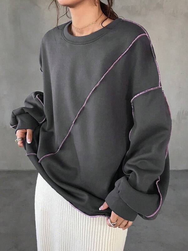 FRIFUL 1pc Women's Color Block Trim Round Neck Long Sleeve Casual T-Shirt