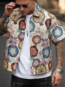 Manfinity Homme Men's Casual Daily Wear, Perfect For Seaside Vacations, Featuring An INS-Style Loose Casual Shirt With A Creative Colorful Floral Graffiti Illustration And Asymmetrical Color-Blocking Design. This Shirt Has A Button-Up Front And Is Suited For Hawaiian Beach Getaways, Music Festivals, And Everyday Wear, Making It An Ideal Gift For Boyfriends Or Husbands