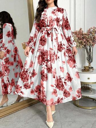 Mulvari Plus Size Women Floral Print Stand Collar Lantern Sleeve Ruffle Hem Maxi Elegant Dress, Modest Maxi Dress For Casual Daily/Holiday/Wedding Party/Evening Fall Cloth For Women
