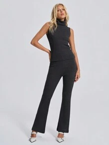 RueChic Grey Turtle Neck Top And Pants Set Simple Fashion Daily Casual - Dark Grey - View 1