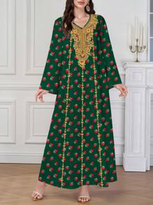 Al Najma 女士斋月阿拉伯印花V领长袖连衣裙，端庄的卡夫坦 - 墨綠色 - 查看 1