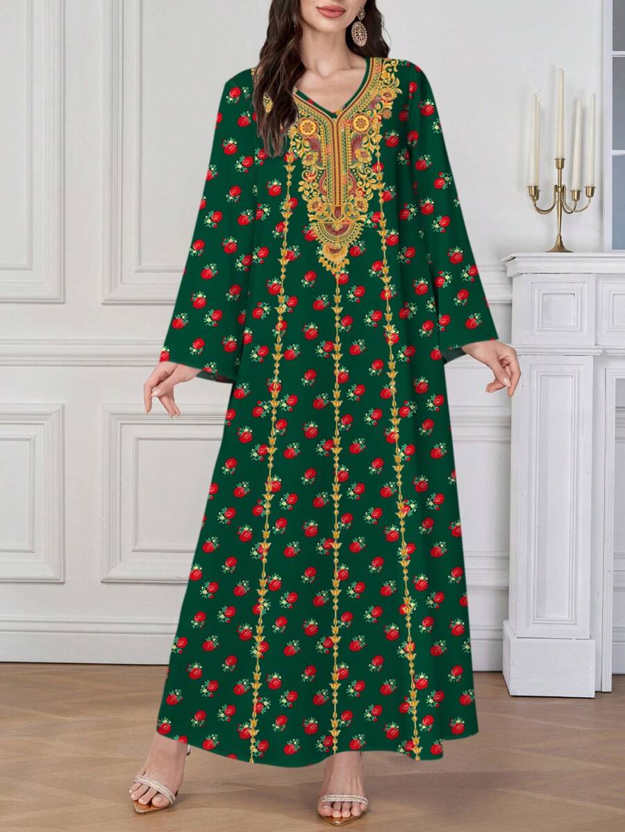 Al Najma 女士斋月阿拉伯印花V领长袖连衣裙，端庄的卡夫坦 - 墨綠色 - 查看 1